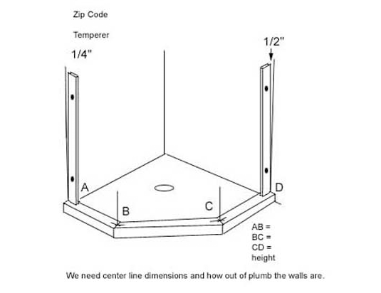 Diagram of a neo-angle shower base with points A and D at the two walls and B and C at the corners of the curb, marked on the curb centerline. The measurements needed are AB, BC, CD and the height, plus how far out of plumb each wall is (1/4 inch and 1/2 inch shown).