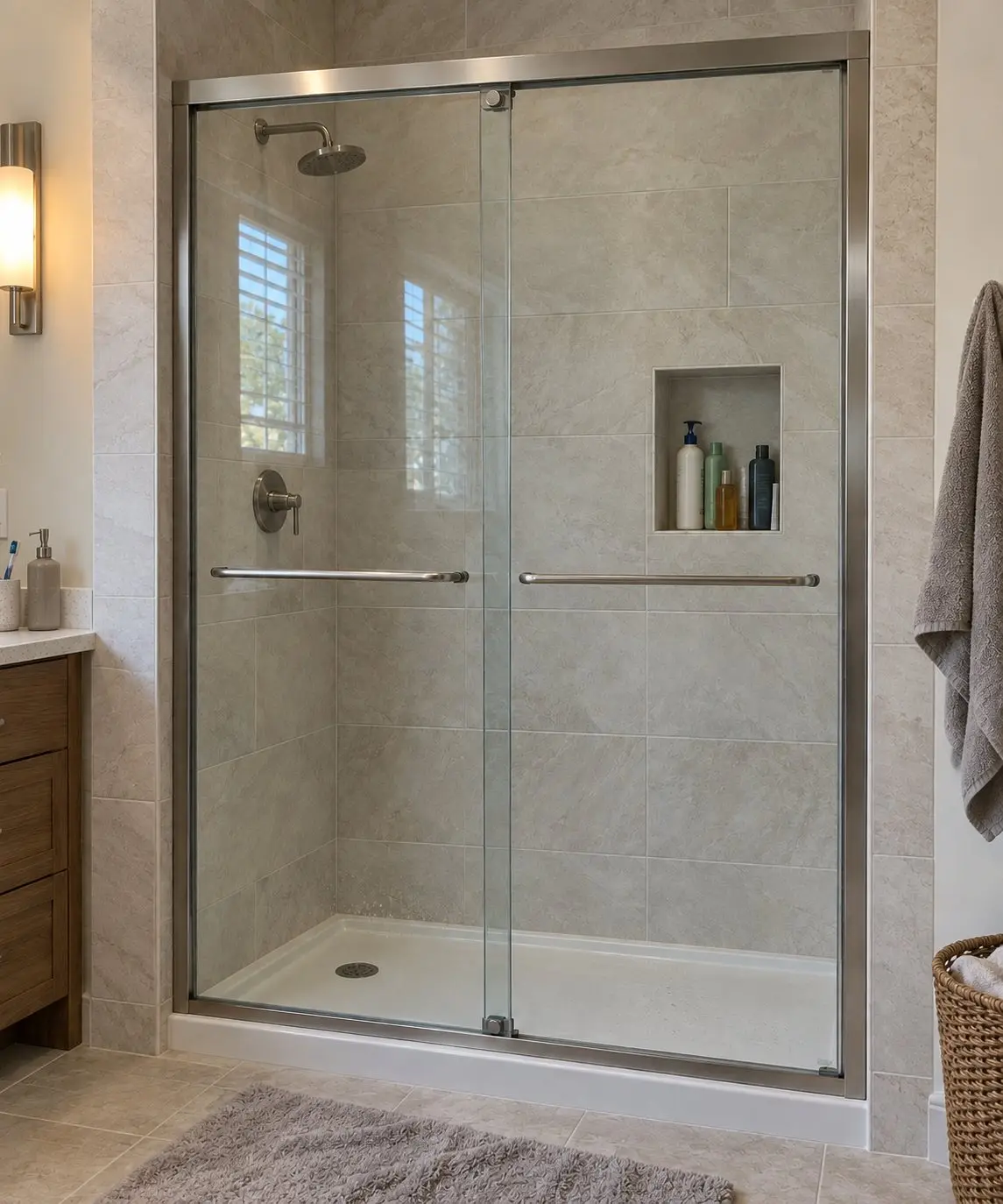 semi frameless bypass slider in brushed nickel