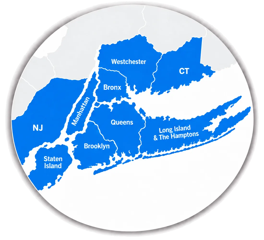 Map of the New York area with the boroughs, northern New Jersey, Long Island, the Hamptons and coastal Connecticut marked as ABC Shower Door's service area