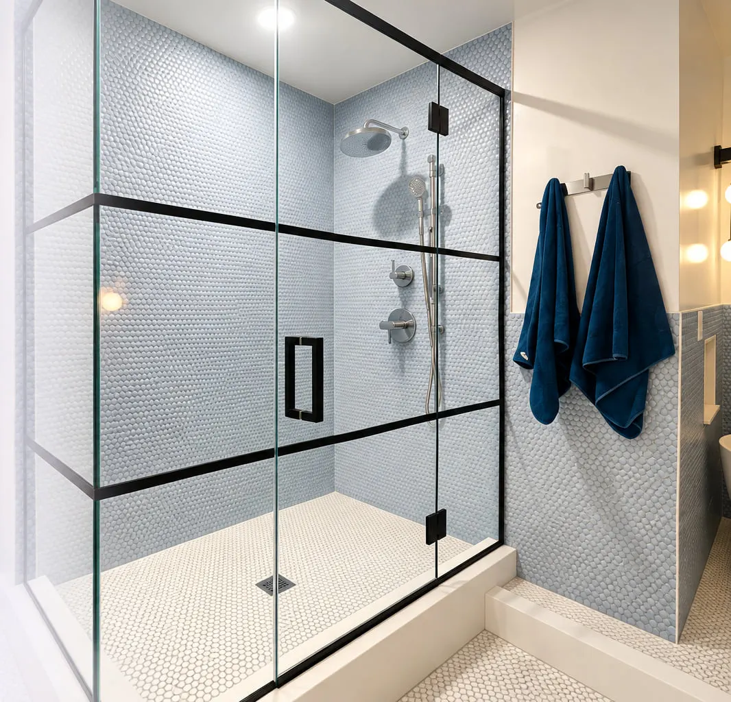 A black-framed glass shower enclosure in a tiled bathroom