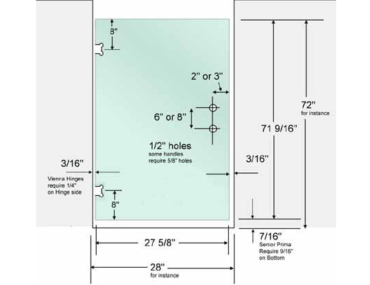 Diagram of a 28 inch wide opening with a 27 5/8 inch door: 3/16 inch clearance each side (Vienna hinges need 1/4 inch on the hinge side), 7/16 inch at the bottom (Senior Prima needs 9/16 inch), hinges 8 inches from top and bottom, handle holes 6 or 8 inches apart and 2 or 3 inches from the edge, and a 72 inch height giving a 71 9/16 inch door.