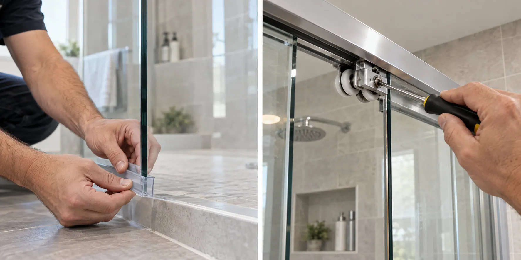 Fitting a new seal along the edge of a frameless glass door, and adjusting the roller on a sliding door's top track